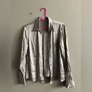 SOLD: Kate Hill Vintage 100% Silk Silver Button Down Blouse Long Sleeve Shirt 4